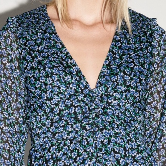 ZARA FLORAL MINI DRESS RUFFLE V NECK BALLOON SLEEVES BLUE MEDIUM NWT - Picture 5 of 7